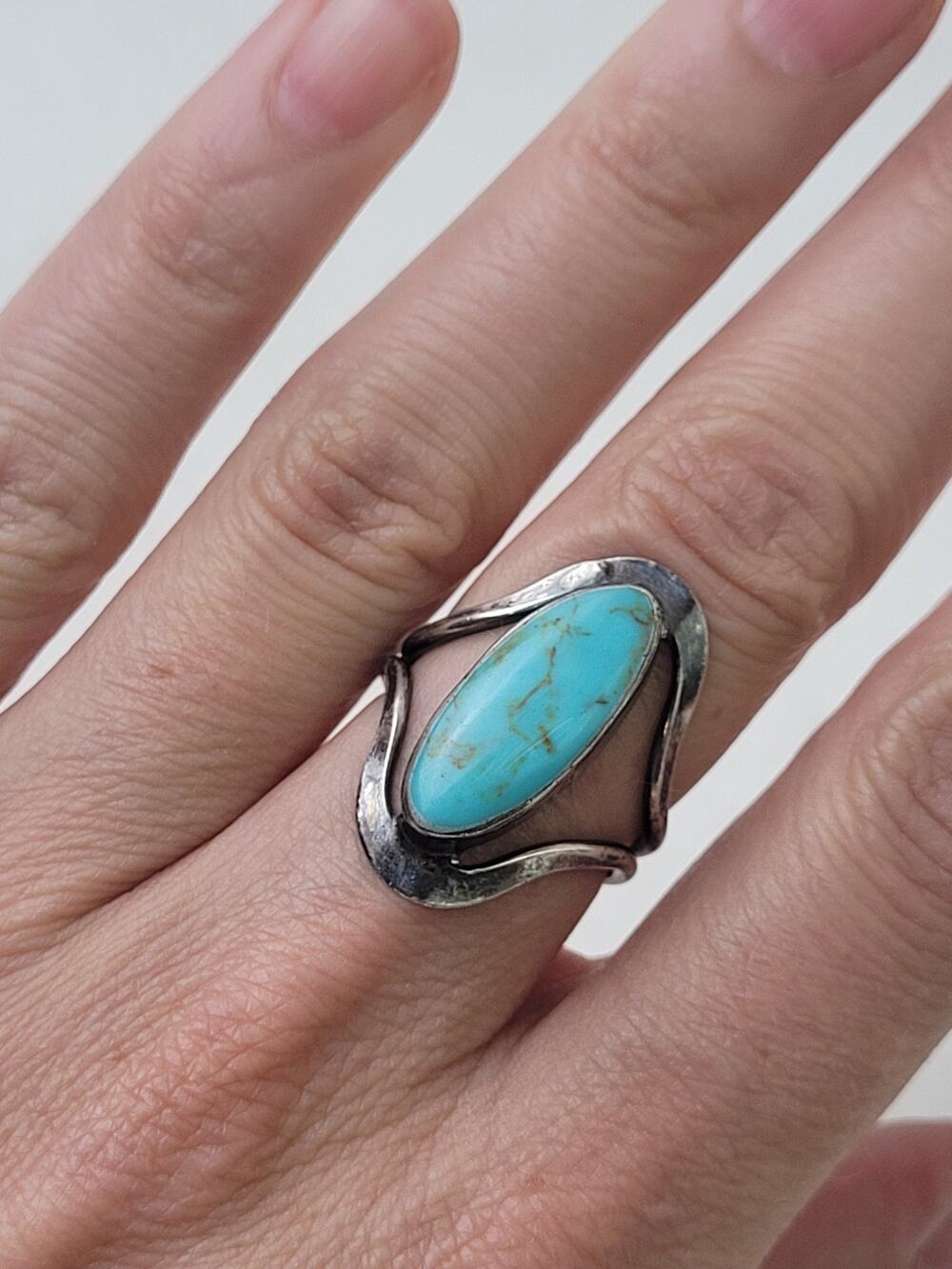 Vintage Mexican Sterling Silver Turquoise Open Frame Split Shank Ring Sz 6.5